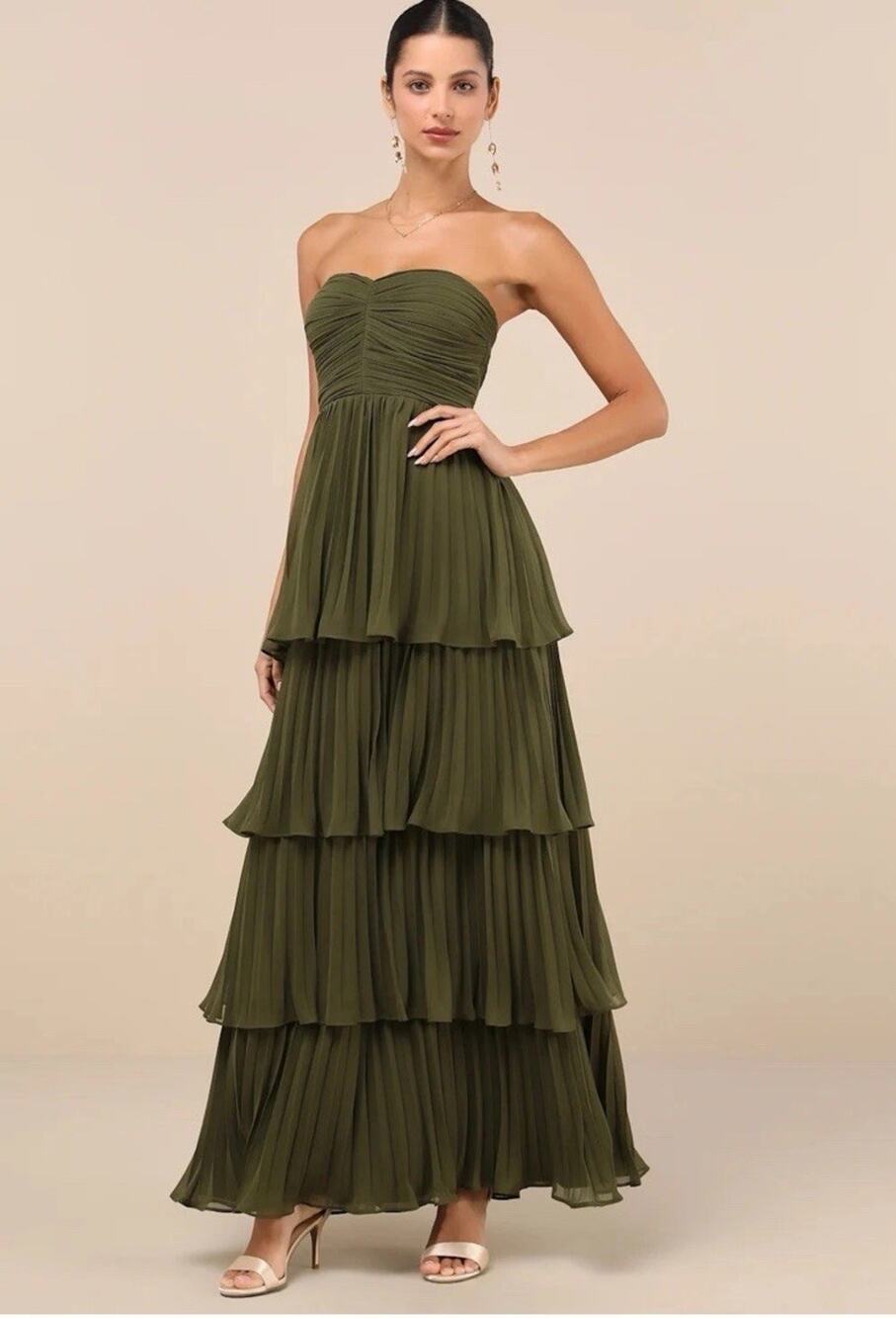 Lulus Seriously Sensational Olive Green Strapless Tiered Maxi Dress Size Medium